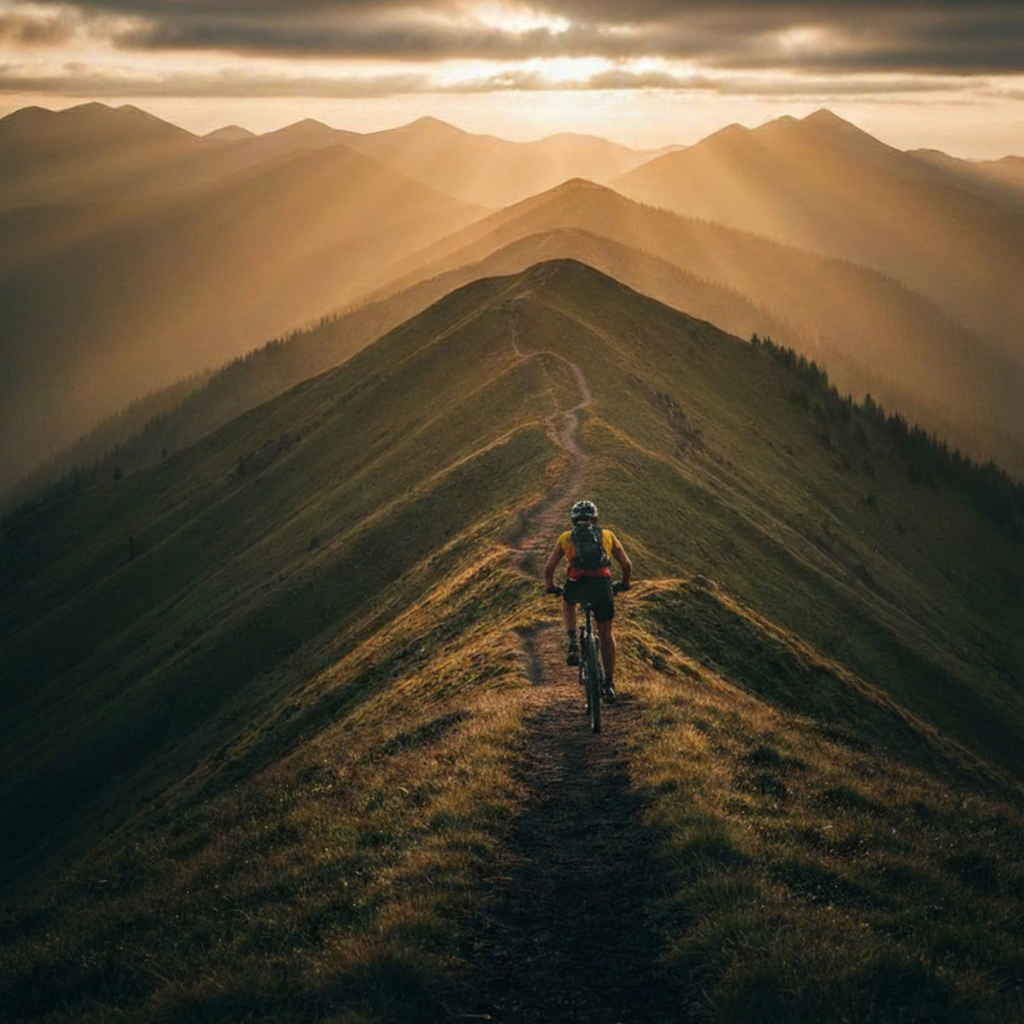 Trail biker on a mountain ridge at golden hour