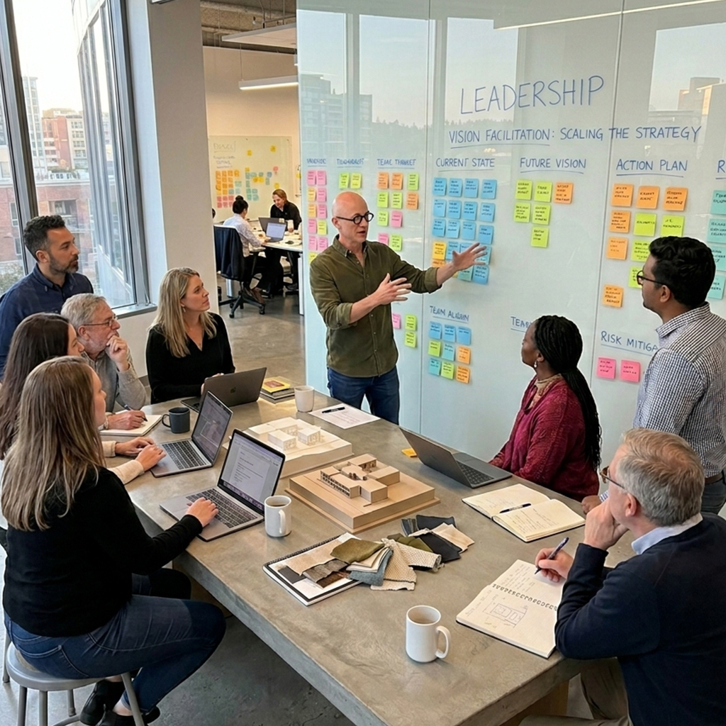 Creative leadership meeting in a modern office space